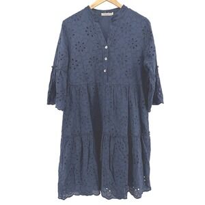 Valentina Naldi Navy Blue Cotton‎ Eyelet Tiered Midi Dress Made in Italy Size M